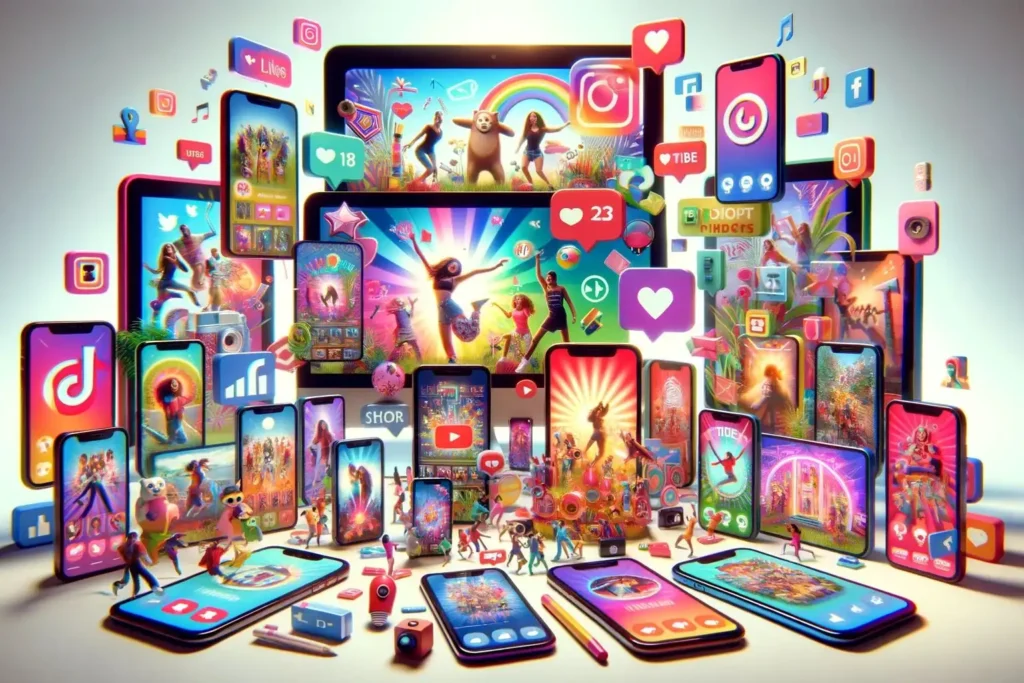 Escena vibrante de contenido de video corto en múltiples dispositivos.