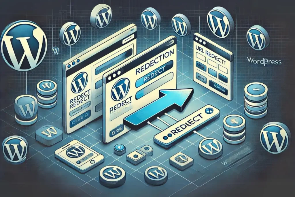 Ilustración que representa la redirección de URL en WordPress, mostrando la interfaz del panel de control de WordPress en el centro con una flecha clara de redirección moviéndose de una URL a otra dentro de la configuración. Alrededor del panel, se ven varios iconos y herramientas de WordPress que resaltan el proceso de configurar una redirección. El fondo es limpio y moderno, con un patrón de cuadrícula sutil y tonos azules, con el logotipo de WordPress en la esquina.
