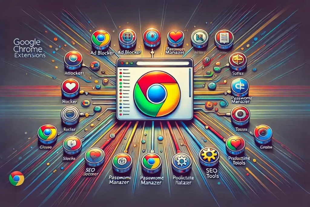 Ilustración que representa las extensiones de Google Chrome, mostrando una ventana del navegador en el centro rodeada de iconos coloridos que representan diferentes funcionalidades como bloqueador de anuncios, gestor de contraseñas, herramientas SEO, y aplicaciones de productividad. Los iconos están conectados a la ventana del navegador con líneas que destacan su integración. El logotipo de Google Chrome se encuentra en la esquina superior, con un diseño de fondo moderno y colores vibrantes.