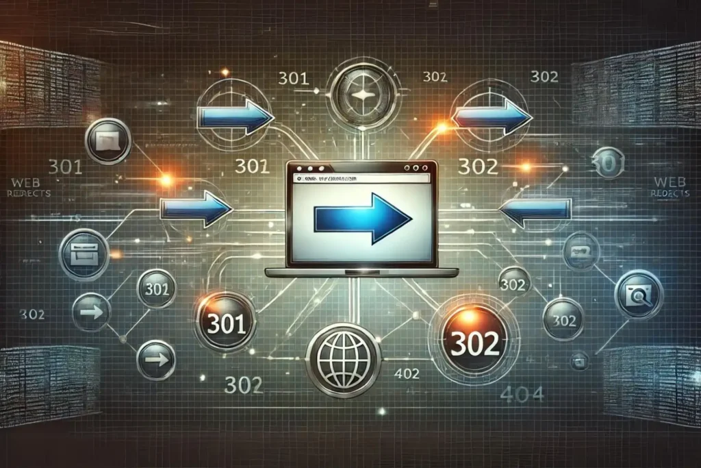 Ilustración que representa el concepto de redirecciones web, mostrando una pantalla de computadora con una flecha de redirección moviéndose de una URL a otra. Alrededor de la pantalla, se ven iconos que representan diferentes tipos de redirecciones como 301, 302, y 404, todo sobre un fondo digital con líneas de red interconectadas y un patrón de cuadrícula.